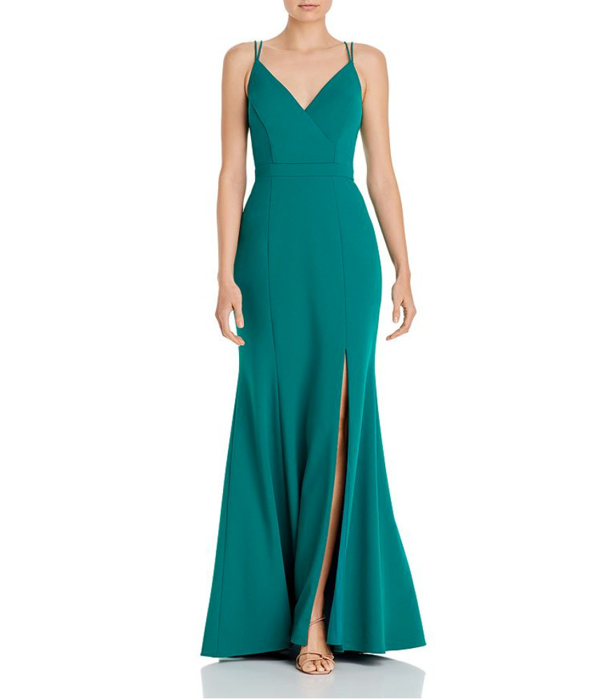 Aqua | NWT Green Front Slit V Neck A Line Maxi Formal Dress Size 2